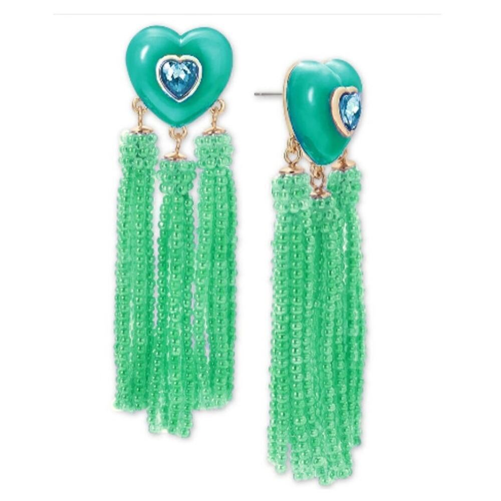 On 34th Gold-Tone Crystal Heart & Beaded Fringe Drop Earrings Emerald Green NEW